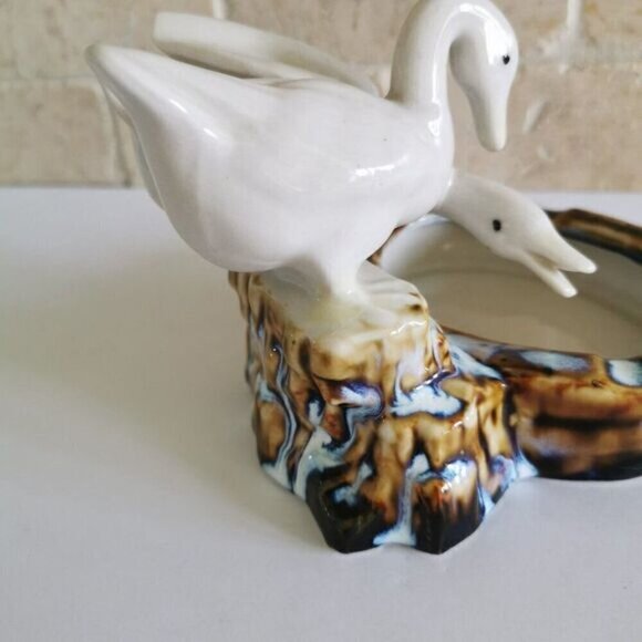 Vintage Pair of Geese Ceramic Drip Glaze Ashtray, MCM Birds Tobacciana - Picture 6 of 10